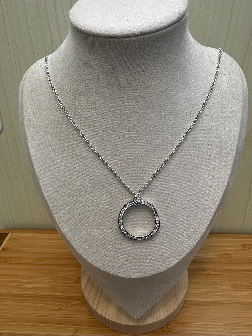 Rhodium Pavé Circle Pendant Necklace Made with Swarovski Crystal 32”